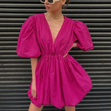Sweet Puff Sleeve Mini Dress Women V-Neck A-Line Folds Design Elastic Waist Elegant Pleated Casual Daily Dress Lady 2021 Summer