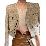 Female Fashion Tweed V Neck Warm Coat All Match Elegant Vintage Long Sleeve Jacket Basic Short Office Lady Outerwear Chic Autumn