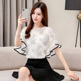 Summer Chiffon Blouse Women Korean O-Neck Short Sleeve Lace Shirt Printed Flower Spring Irregular Flare Sleeve Women Tops 3546