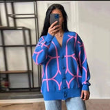 Amfeov Women's Casual Oversized Cardigan Knitted 2022 Fall New V-neck Lantern Long Sleeve Single-breasted Printed Knit