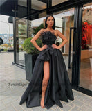 Back To School Amfeov Sevintage Black High Split Evening Dresses 2022 Strapless Feather Draped Satin Prom Dress Custom Made Formal Party Gowns