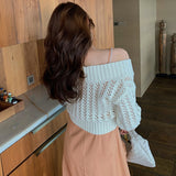 Korean V Neck Short Knitted Sweaters Women Sexy Off Shoulder Hollow Out Thin Cardigan Female Fashion Autumn Crop Top Cardigans