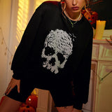 Amfeov Gothic Skull Print Sweatshirts Women Crew Neck Loose Halloween Pullover 2024 Autumn Streetwear Casual Black Oversize Hoodies