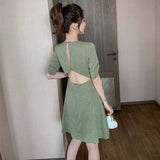 Amfeov Bella Philosophy New Style Korean-Style WOMEN's Wear French-Waist Hugging A- Line V-Neck Backless Short Sleeve Dress