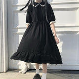 Amfeov QWEEK Autumn Black Kawaii Lolita Style Dress Mori Girl Fairy Cute Lolita Peter Pan Collar Puff Sleeve Dress 2024 Fashion Women