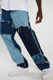 Men Wash Splice Casual Straight Tassel Patchwork Jeans Trousers Male Fashion Streetwear Loose Hip Hop Denim Full Length Pants