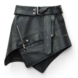 Amfeov Sexy Asymmetry Pu Skirts Womens Zipper Punk Rock Belt Mini Skirt Streetwear Black High Waist Skirts 2024 Fashion New