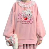 Amfeov-Autumn New Women Lace Neck Cute Hoodies Harajuku Kawaii Sweatshirt Women Pink Pullover Lamb And Candy Embroidery Sudadera