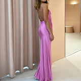 Amfeov Sexy Backless Floor-Length Dress Women Sleeveless Satin Sling Long Dress Elegant Purple Party Dating Evening Wear 2024 Summer