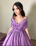 Back To School Amfeov Purple Ball Gown Satin Prom Dresses Sexy Deep V-Neck Evening Party Gowns Pleats Special Occasion Dress For Women