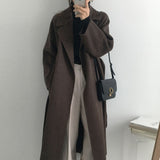 Amfeov Black Friday Sales French Lazy Style Warm Female Fresh Winter 2024 Classical Belt Retro Loose Women Woolen Coats Chic Casual Long Coat Long