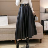 Amfeov New Autumn Winter PU Leather mi-long Women's Skirts with Belted High Waist  A-line Skirt Mid-calf Umbrella Skirts