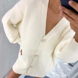 WOTWOY Casual V-neck Knitted Oversize Cardigan Women Buttons Loose Lantern Sleeve Sweaters Female Basic White Autumn Winter Tops