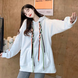 Christmas Gift Deeptown Y2k Black Hoodie Women Rainbow Color Rope Sweatshirt Korean Style 2021 Oversize Long Sleeve Pullover Hip Hop Tops Kpop