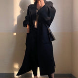 Elegant Solid Long Wool Coat Women Batwing Long Sleeve Loose Drop Shoulder Pocket Coat Split Hem Chic Stylish Jacket