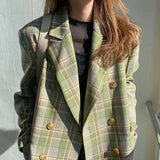 Women Vintage Plaid Blazer Long Sleeve Double-Breasted Jacket Lady Loose Casual Street Wear Suit Autumn Coat