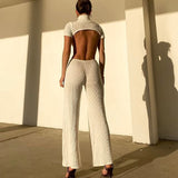 Knitted Turtleneck Sexy Backless Bandage Women Jumpsuit White Short Sleeve Wide Leg Jumpsuit Autumn Slim Female Overalls