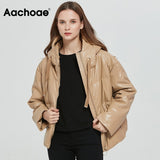 Christmas Gift Aachoae Women Thick Warm PU Faux Leather Padded Coat 2021 Winter Zipper Hooded Jacket Parka Long Sleeve Pockets Outerwear Tops