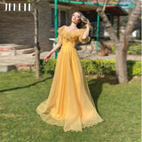 Amfeov Vintage Yellow Square Neck Tulle Prom Dresses Boho 2022 A Line Short Ruffles Sleeves Princess Party Gowns Floor Length