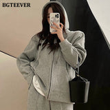 Amfeov 2024 Winter Thicken Velvet Women Tracksuits Casual Hooded Zippers Sweatshirt & Wide Leg Pants Ladies 2 Pieces Set