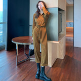 Spring Autumn Women's Jumpsuit Long-Sleeved Waist Turndown Collar Button Sashes Straight Cropped Trousers Streetwear Overalls