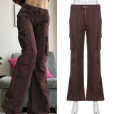 Khaki Solid Baggy Cargo Pants Women Low Waist Mom Jeans Vintage 90s Grunge Streetwear Casual Hippie Denim Trousers