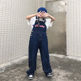 HOUZHOU Vintage Jumpsuit Women Jeans Embroidery Harajuku Wide Leg Denim Pants Autumn Baggy Oversize Overalls Korean Style Female