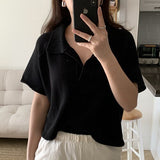 Amfeov Korean Style Summer Blouse Women Short Sleeve Turn Down Collar Loose Solid Color Elegant Knitted Ladies Tops Casual Blusas