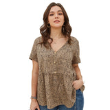 Christmas Gift Vintage Button Leopard Print Women Tops and Blouses Plus Size Summer 2021 V-Neck Short Sleeve Casual Female Ruffle Blouse XL-4XL