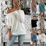 Amfeov Women T-Shirt Hot Fashion Sexy Ladies Off-The-Shoulder Long Sleeve Round Neck Casual Loose Solid Multicolor Plus Size