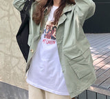 Korean Style Loose Cargo Jacket Women Streetwear Batwing Long Sleeve Pockets Coat Vintage Autumn Winter Casual Jackets