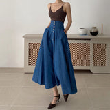 Amfeov New High Waist Women Denim Skirt Long 2024 Vintage Loose Chic Single Breasted Maxi Skirts For Woman Jeans Skirt