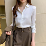 QoerliN Elegant Satin Blouse Autumn Spring Turn-Down Collar Single-Breasted Long Sleeve Female Chiffon Shirt Ladies Blouse Plus