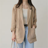 Amfeov 2024 Spring Summer Women's Blazer V-Neck Full Sleeve Pockets Khaki Cotton Linen Jacket Female Casual Outer Wear Blazer