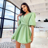 Cotton Puff Sleeve V-Neck Women Dresses Green Elegant Pleated A-Line Mini Dress Solid Casual Retro Summer Vestidos Sundress 2021