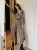 Amfeov Women's Fashion Streetwear Jumpsuit Autumn V-Neck Pockets Ankle-Length Straight Cargo Pants High Street Wear Sashes Za Overalls