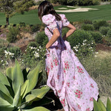SUCHCUTE Vintage Flower Print Aesthetic Long Dresses For Women 2021 Summer Beachwear Puff Sleeve Pink Casual Holiday Dress