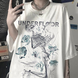 Amfeov Gothic T-Shirt Women's Skeleton Print Grunge Aesthetic Goth T Shirt Dark Edgy Fashion Streetwear Graphic Tee Unisex Couple Tops