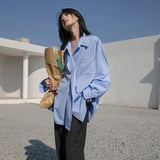 Amfeov Women's Oversize Shirt Fashion Woman Blouses 2022 Blue White Shirt Korean Clothing Women's Loose Shirt Top Women