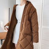 Amfeov-Winter New Korean Style Long Cotton-padded Coat Women's Casual Stand-up Collar Argyle Pattern Oversized Parka Chic Jacket