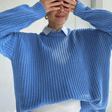 Women Casual Blue Oversize Sweater Top Lantern Sleeve O neck Loose Sweater 2021 Autumn Winter Fashion Vintage Streetwear Sweater
