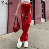 Yiallen Hollow Out Bandage Hipster Straight Trousers Women 2021 Faux PU Leather Solid Fashion Street Style Pants Female Hot