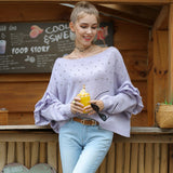 Sweet Flared Sleeves Knitted Top Pearl Decoration Slash Neck Loose Women’s Sweater Street Wear New Products In Fall 2021