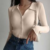 Women 2021 New Lapel Slim Slimming Tops Ladies Hollow Buttons Sexy V Neck Long Sleeve POLO Neck Knit Cardigan Sweater Women