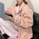 Christmas Gift Deeptown Kawaii Pink Fleece Jackets Y2k Funny Bear Graphic Coat Korean Style Long Sleeve Top 2021 Lambswoo Reversible Clothes