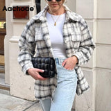 Amfeov Christmas Gift Aachoae Women Plaid Single Breasted Jacket Coats Fashion Turn Down Collar Pockets Coat Female Streetwear Long Sleeve Spring Tops