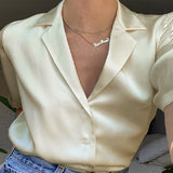 Women Casual Pink Satin Shirt Blouse Turn-down Collar Short Sleeve Button Tops 2021 Summer New Fashion Streetwear  Short Shirt