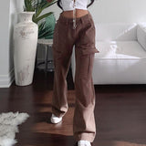 IAMSURE Loose Oversize Brown Jeans Women 2021 Casual High Waisted Cargo Pants With Pockets Vintage Cotton Trousers Streetwear