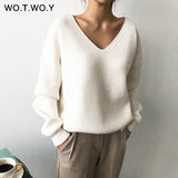WOTWOY Autumn Winter Basic Knitted Blue White Sweater Women 2021 Fashion Casual V-neck Female Pullovers Korean lady Jumpers