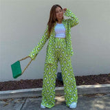 Christmas Gift PUWD Casual Women Green Print Shirt Suit 2021 Spring Fashion Female High Waisted Pants Suits Ladies High Street Matching Sets